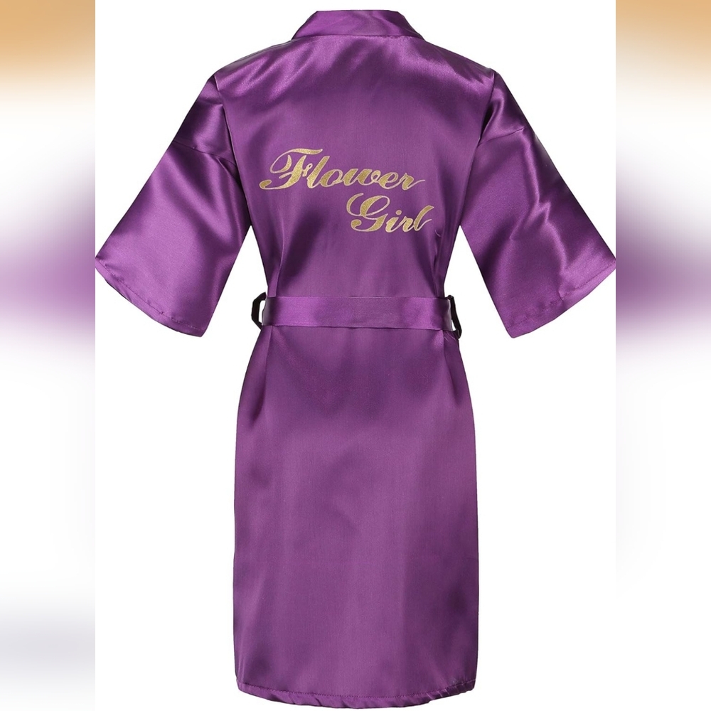 Flower Girl Robe Wedding Purple Silky Satin With Gold Applique Size 8